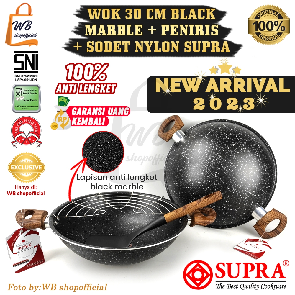 NEW SUPRA Wok set black marble 30cm +peniris +sodet / wajan kuping kuali penggorengan anti lengket /