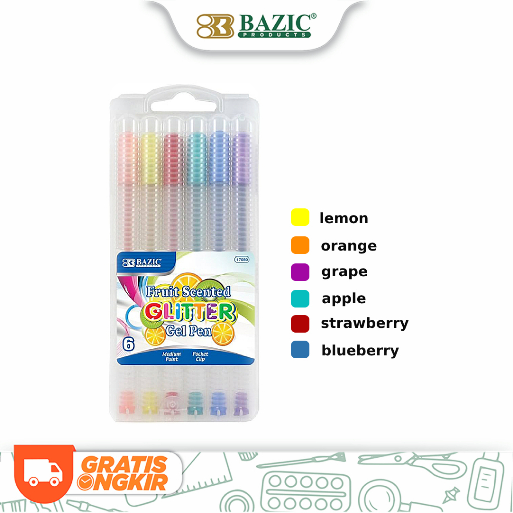 

Bazic 6 Fruit Scented Glitter Color Gel Pen with Case - Pulpen Gliter