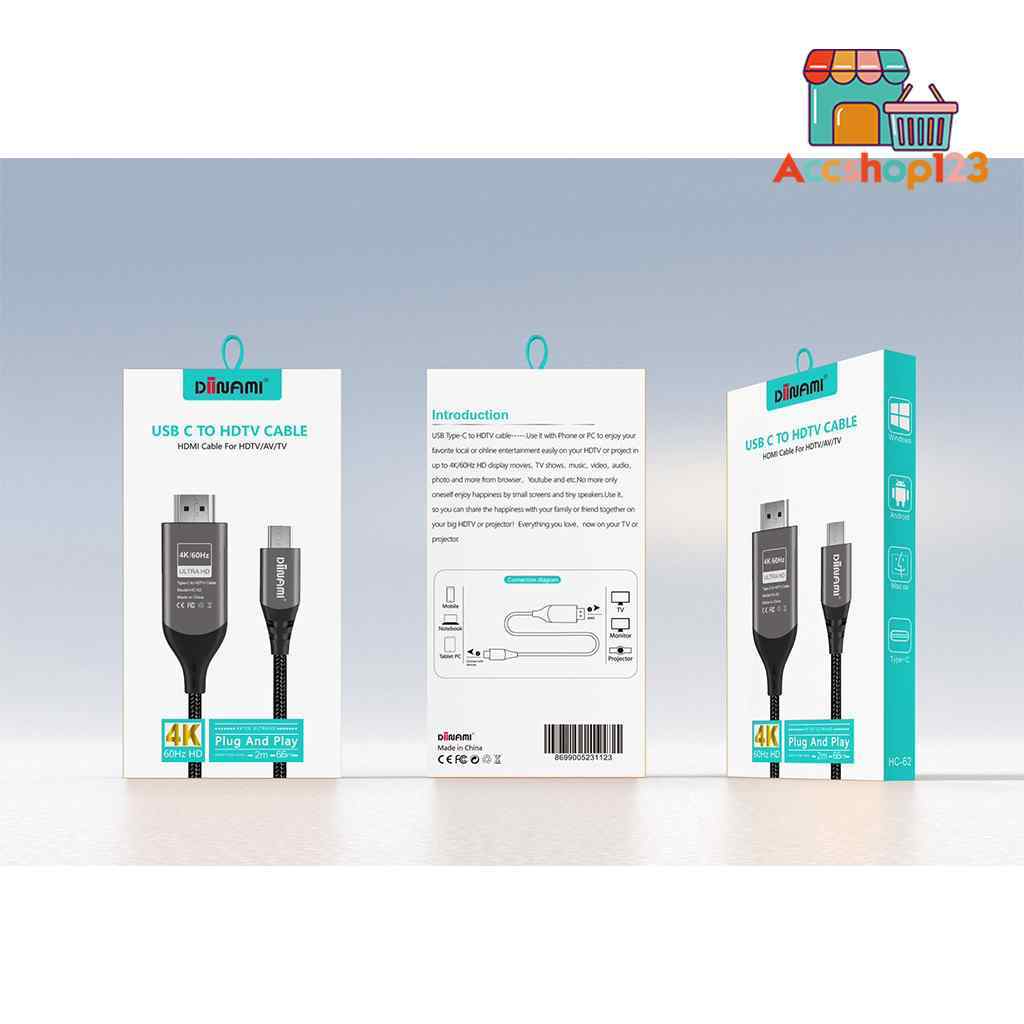 DIINAMI Kabel USB Type C To HDMI TV HDTV CABLE ( HDMI CABLE FOR HDTV/AV/TV) 4K/60HZ ULTRA HD 2METER 