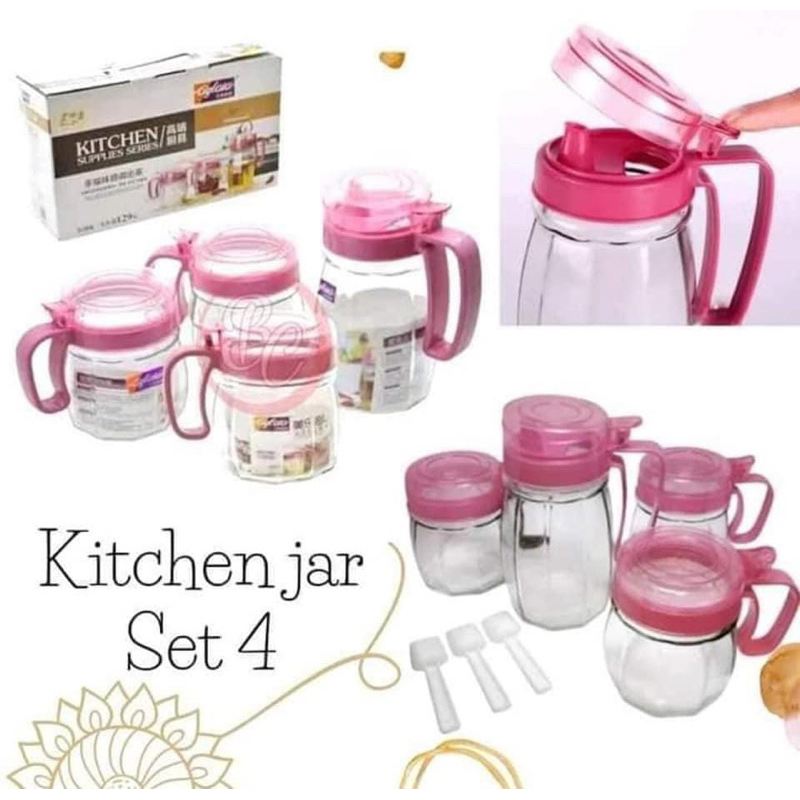 ☘️ ASHIKA ☘️ KITCHEN JAR SET 4in1 WADAH BUMBU GULA KOPI MINYAK SERBAGUNA KACA FREE SENDOK