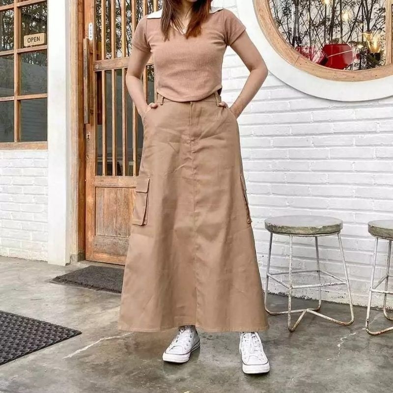 Rok Cargo Panjang/Rok Cargo skirt/Rok Cargo wanita jumbo standar/Rok Panjang Cargo