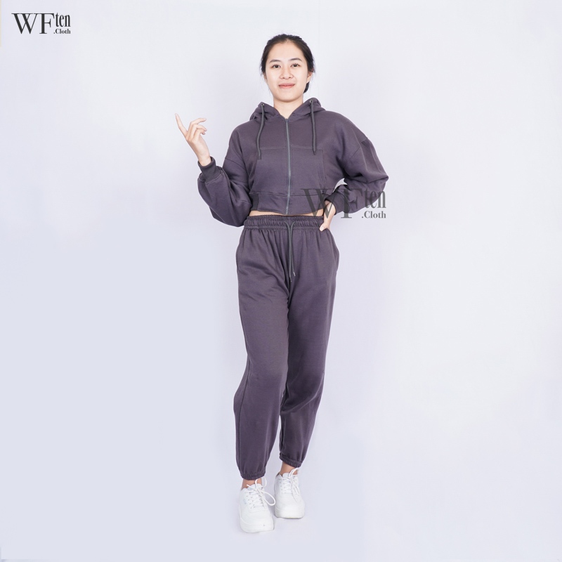 NEW One Set Hoodie Zipper Crop + Celana Jogger Panjang Sweatpants One Set Korea