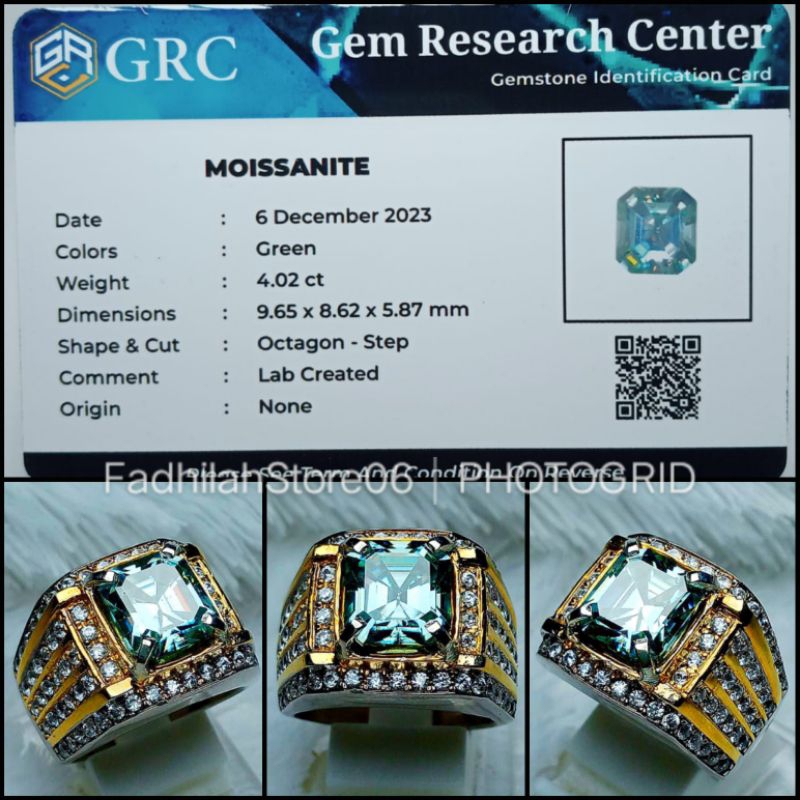 Cincin Perak Permata Green Diamond Moissanite Octagon VVID + Memo Lab