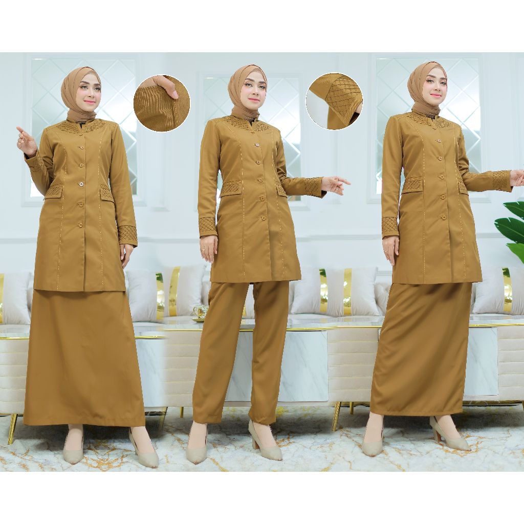 Tunik Pemda Stik Kotak Khaki Tua Set Rok Span/Rok.A/Celana Panjang Katun Free Hijab