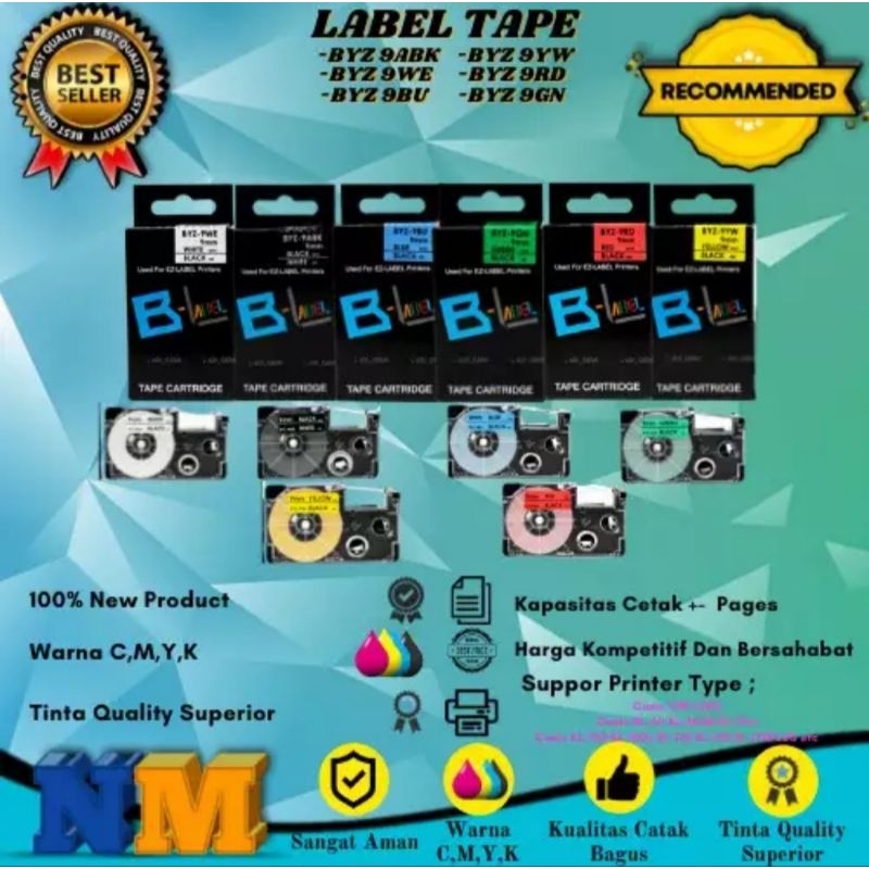 

Compatibel Label Tape Casio BYZ 9ABK, BYZ 9BU, BYZ 9GN, BYZ 9YW, BYZ 9WE, BYZ 9RD