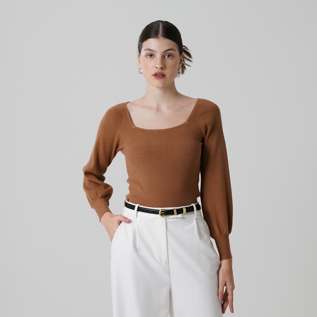 Mississippi Kaos U-Neck Wanita Lengan Panjang Premium I31000192M Coklat
