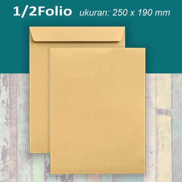 

Amplop Coklat Kertas Ukuran 1/2 Folio 19x25cm 1pak isi 100 Tebal 70 Gsm