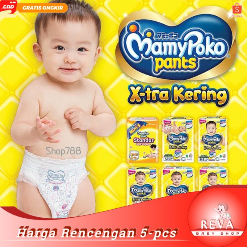 MamyPoko Popok Bayi Extra Kering Pants Pampers Ukuran S•M•L•XL•XXL Eceran 5•Pcs Renceng/Sachet
