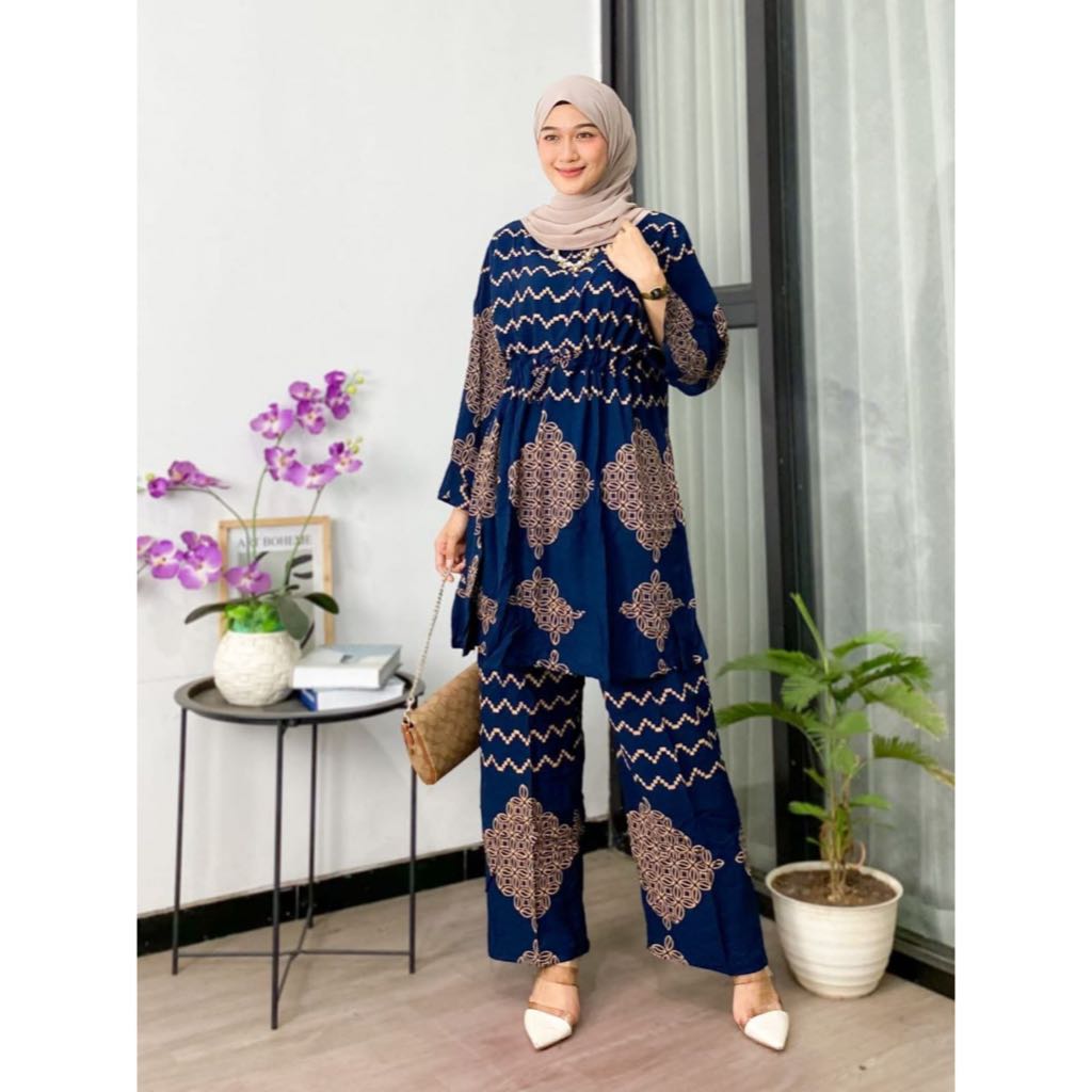 Setelan Wanita - One Set Wanita Tiedye Tunik LD 120 Tali Serut Motif Batik Zigzag Busui Lengan Panja
