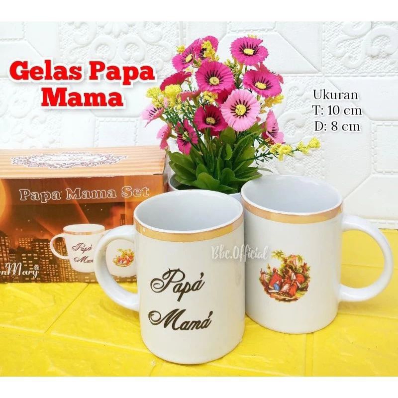 GELAS MAMA PAPA BAHAN KACA DAN KERAMIK / GELAS CANGKIR  COUPLE / GELAS PASANGAN MUG SET