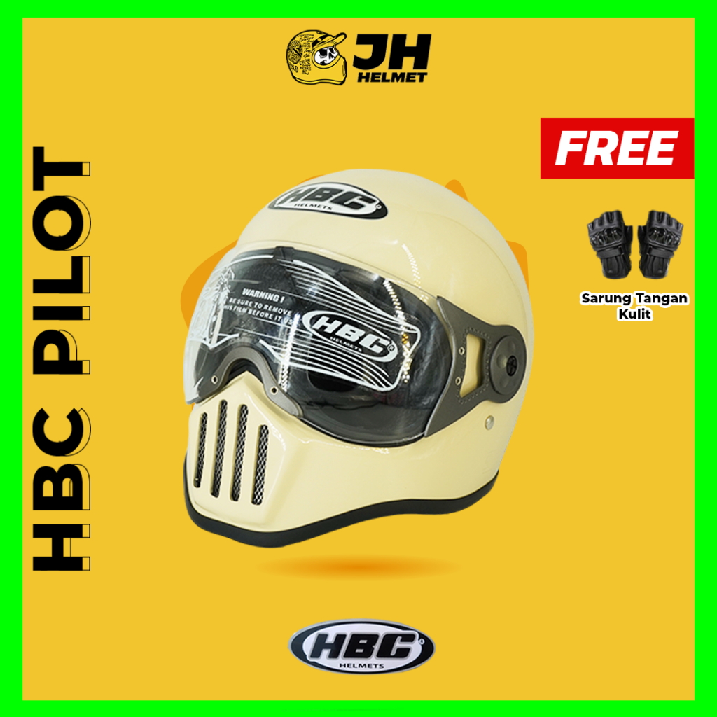 Helm Cakil HBC Pilot Polos Cream Glossy | Original 100% | HBC Cakil | Helm Retro | Helm Full Face | 