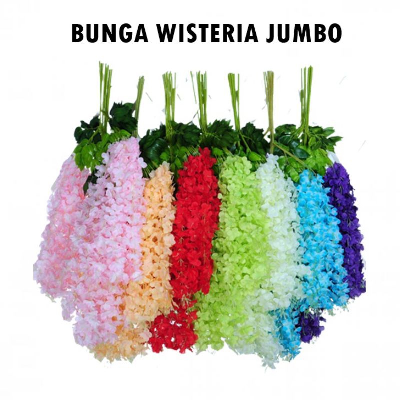 Grosir Lusinan 12pcs Tangkai Bunga Artificial Plastik Wisteria Jumbo Putih Hijau Merah Pink Juntai