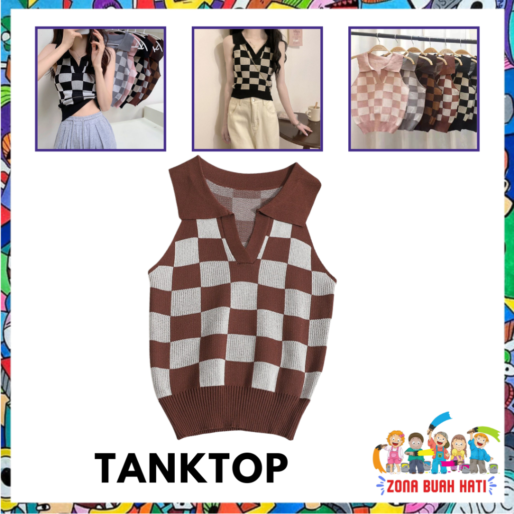 ZBH Baju Crop Wanita Korean Diamond Kode 6859  Plaid Knit Vest Crop Top Rompi Rajut Korea V Neck Bah