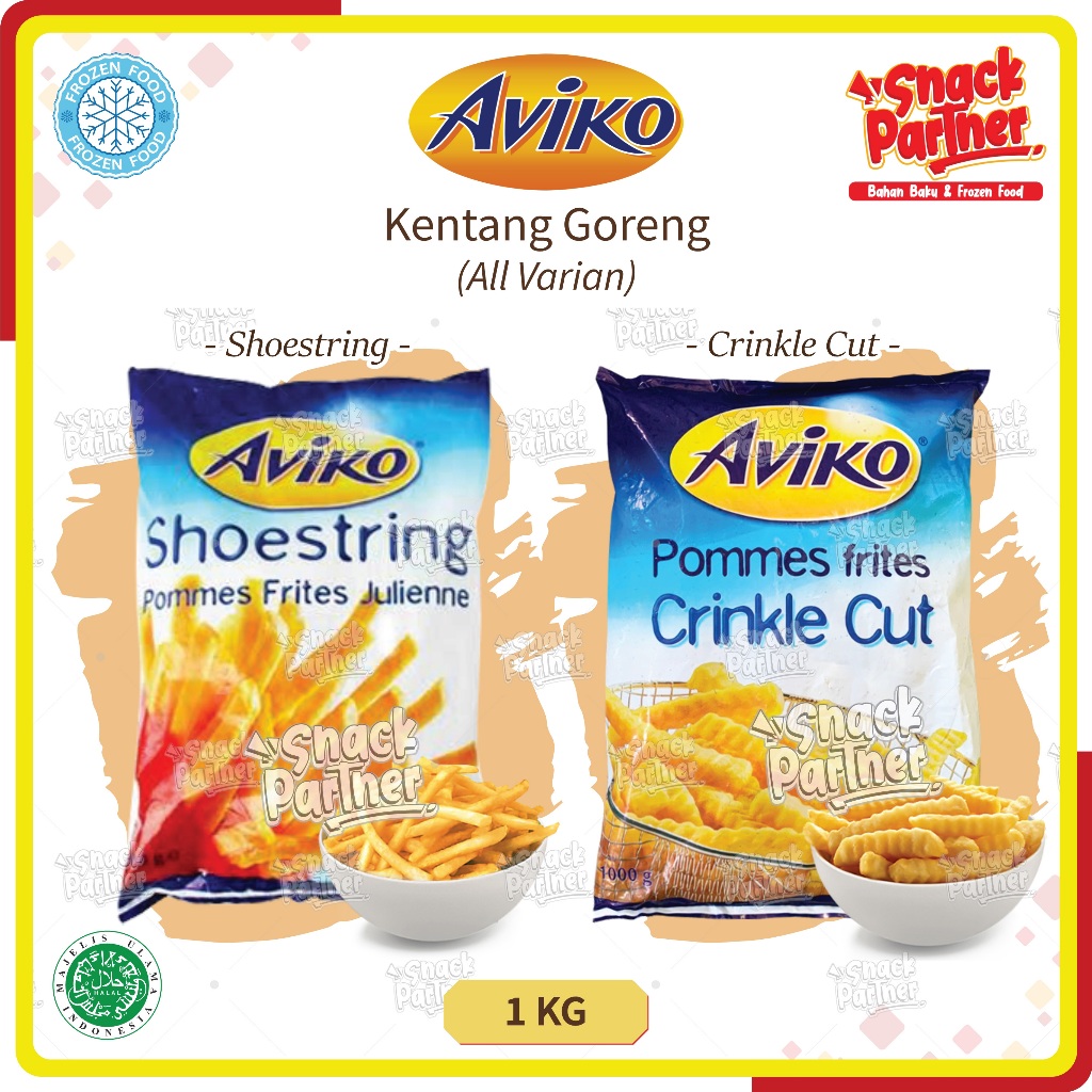 

AVIKO French Fries / Kentang Goreng 1 KG - Straight / Crinkle Cut / Shoestring / Seasoned - FROZEN FOOD - Kentang Potong-Potongan Lurus / Gelombang / Panjang / Bumbu Berbumbu