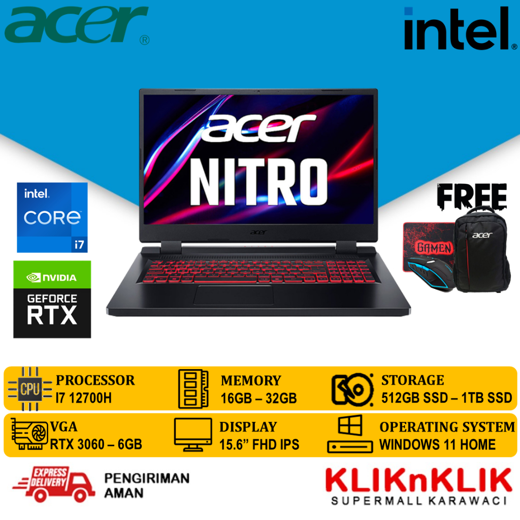LAPTOP GAMING ACER NITRO 5 AN515 i7 12700H 16GB 512GB SSD RTX 3060 6GB 144Hz WINDOWS 11