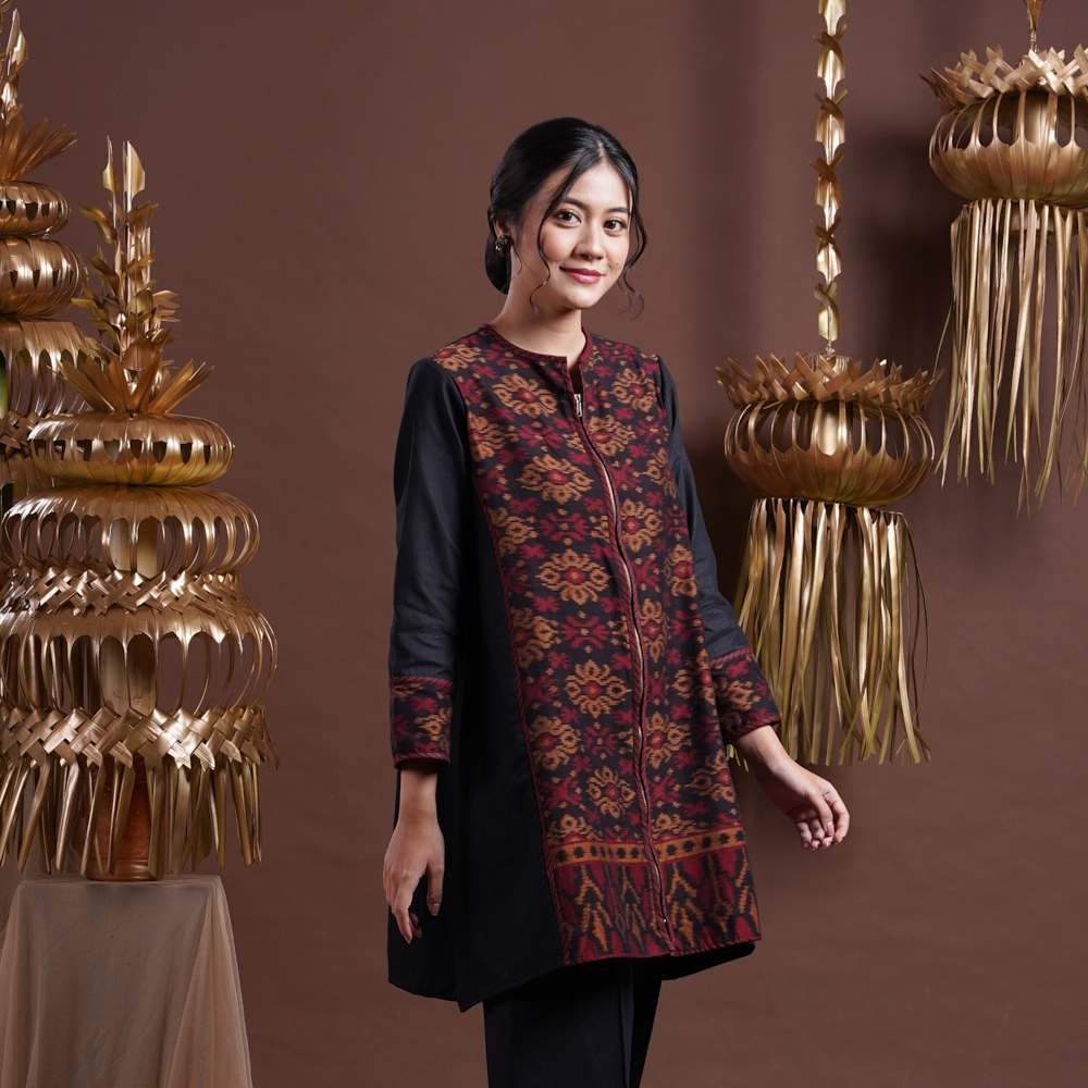 NONA RARA-Oktalong Endek Bali T2588,Baju kerja blouse batik wanita modern