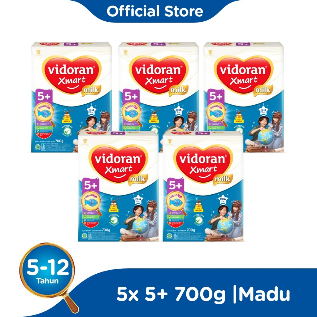 vidoran Xmart 5+ Madu 700gr Susu Formula Pertumbuhan Anak 5-12 Tahun - (5 box) (Exp : 03.2025)