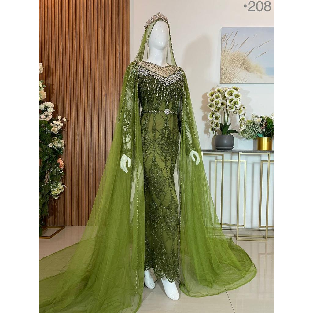 Kebaya pengantin wanita modern slim bustier hijau army