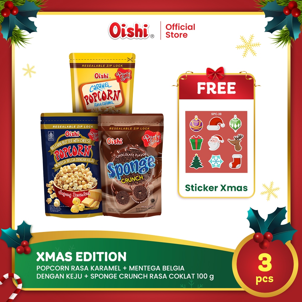 [Xmas Edition] Oishi Popcorn Karamel + Keju + Sponge Coklat (3 pcs)