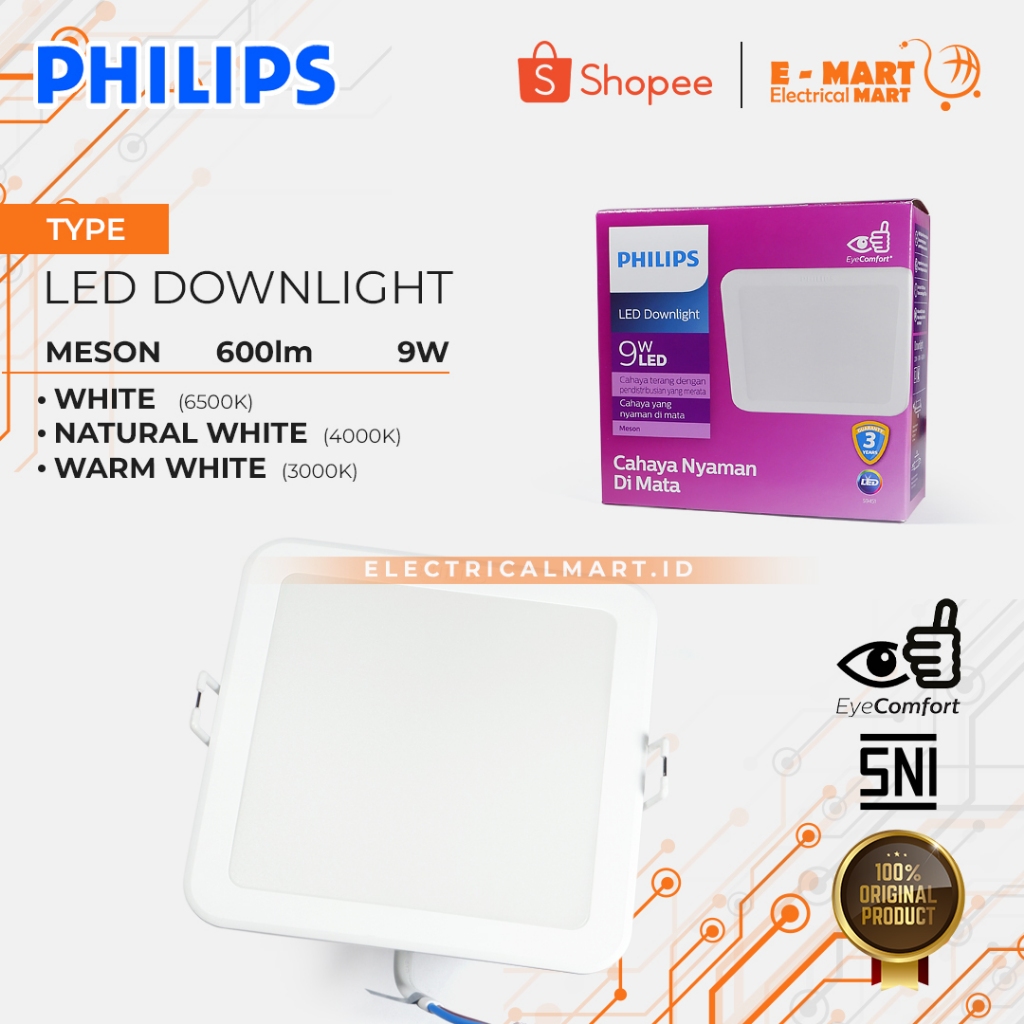 PHILIPS LED Downlight Meson Tanam/IB 9 W Kotak Warna Putih