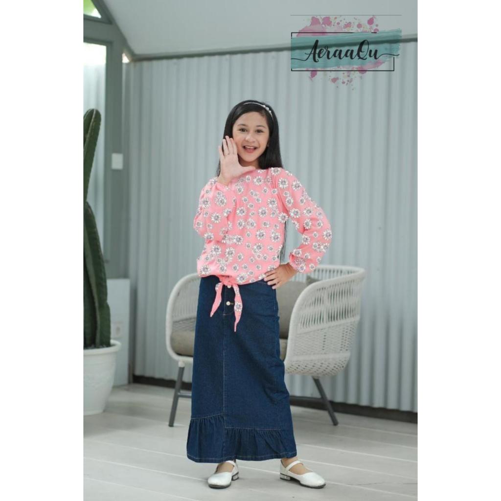 Sunflower Set Aeraaqu 11-16th | Set Tunik Rok Jeans | Set Tunik Celana Jeans | Set Motif Bunga Matah