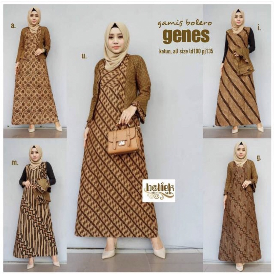 Gamis Bolero Genes Batik Coklat Lawasan 2in1 Baju Muslim Seragam Lebaran Murah Katun Halus Modern Motif Kombinasi