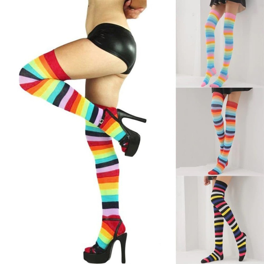 Kaos Kaki Panjang Wanita Sexy Warna warni Di Atas Lutut / Kaus Kaki Wanita Panjang Pelangi