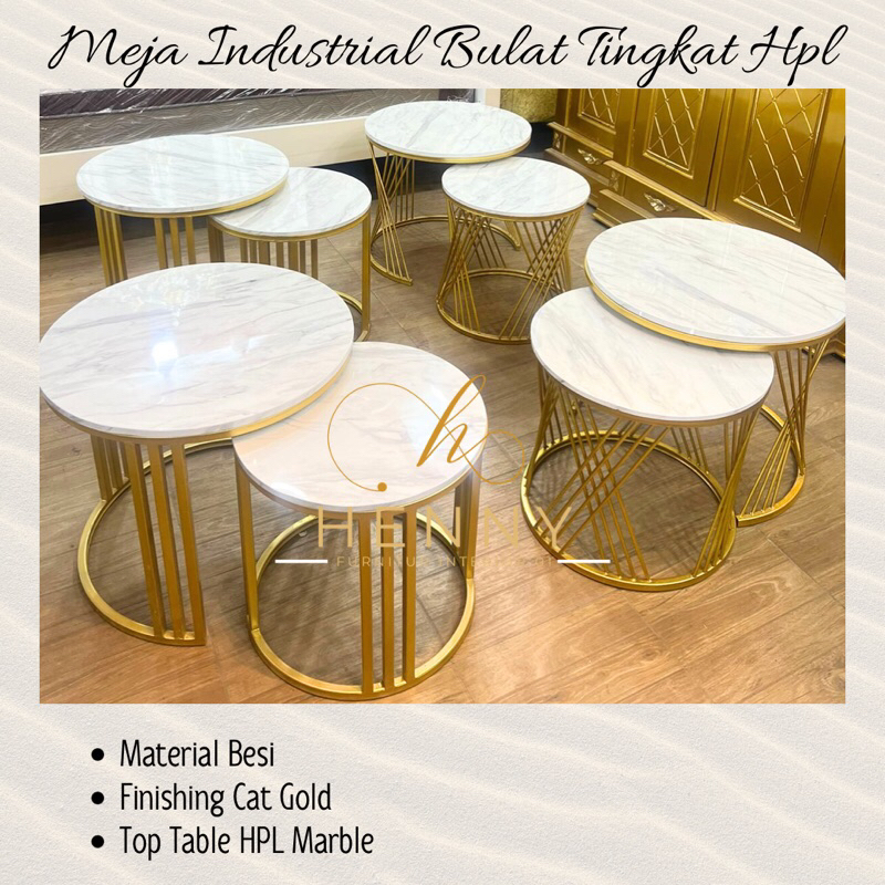 Henny Furniture Meja Bulat Industrial Tingkat HPL Minimalis