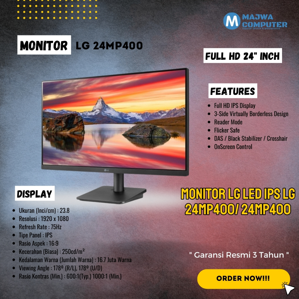 Monitor LG LED IPS LG 24MP400/ 24MP400-B - Full HD 24" Inch