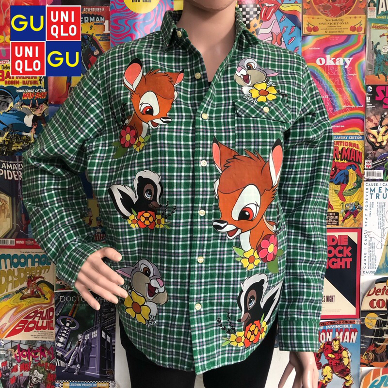 Kemeja Flannel Global Uniql*o Bambi Disne*y Unisex Motif Kotak kotak hijau Botol Cowo Cewe Atasan Fl