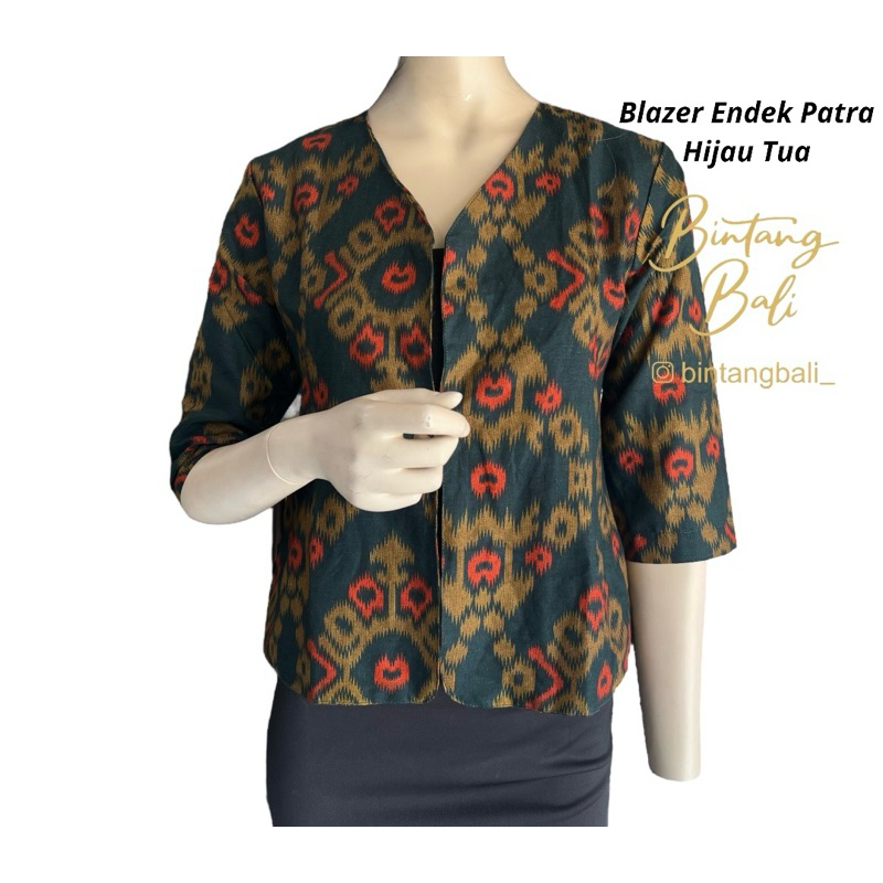 Blazer Wanita Endek Bali Katun Bolero Outer Motif Patra Lengan 3/4 Sesiku Full Furing