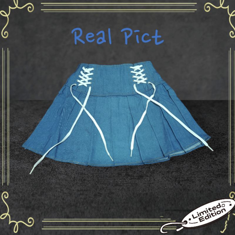 DOUBLE LACE UP MINI PLEATED JEANS SKIRT PREMIUM