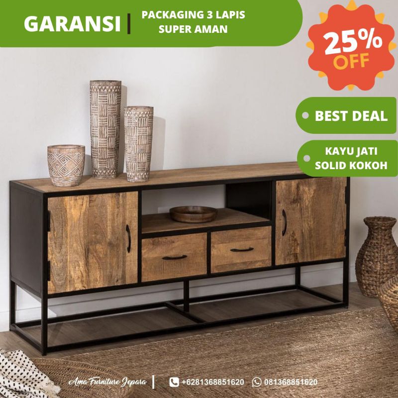 MEJA BUFET TV INDUSTRIAL, MEJA TV INDUSTRIAL BESI MIX KAYU JATI RUSTIC