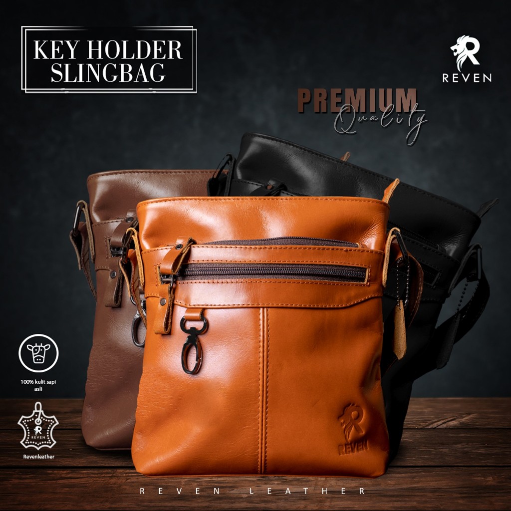 Tas Kulit Selempang Key Holder Sling Bag Waistbag Fashion Cowok Pria Kulit Sapi 100% Asli Original