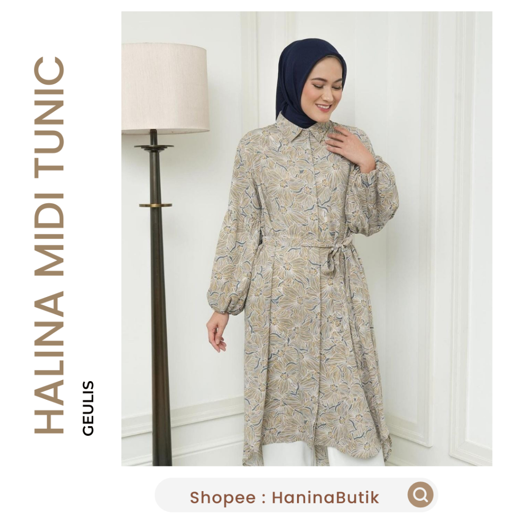 (𝗦𝗜𝗔𝗣 𝗞𝗜𝗥𝗜𝗠) HALINA MIDI TUNIC STONE SIZE M by GEULIS | TUNIK WANITA MOTIF ORIGINAL GEULIS