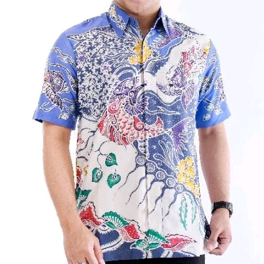 kemeja batik tulis pria motif ikan kain satin dalam lapis furing Alka30