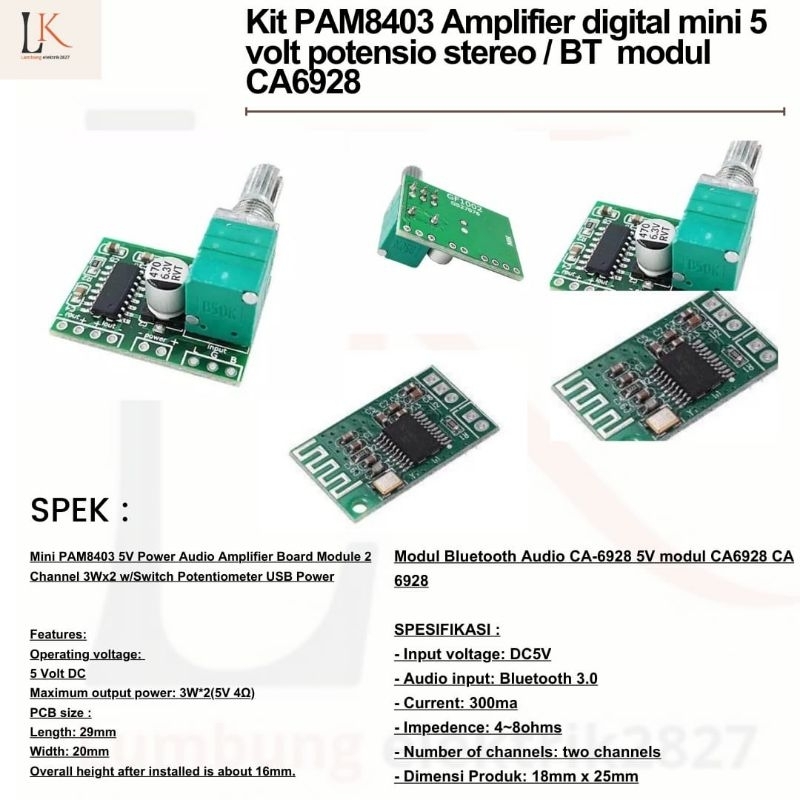 Kit PAM8403 Amplifier digital mini 5 volt potensio stereo / BT  modul CA6928