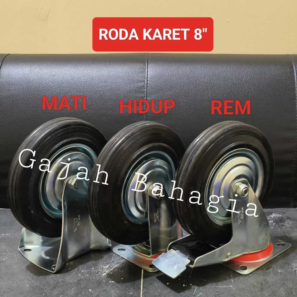Roda troli 8 inch karet hitam Mati Hidup Rem Caster Kastor 8" Trolley