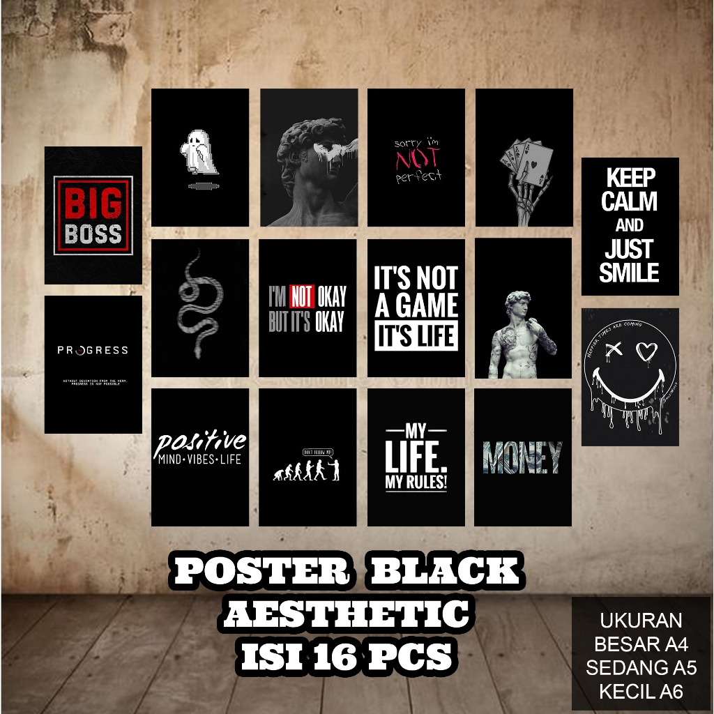 Poster Dinding Qoutes Black Aesthetic Ukuran A4 A5 A6 | Isi 16 PCS Poster Aesthetic  [R35] Poster Mu