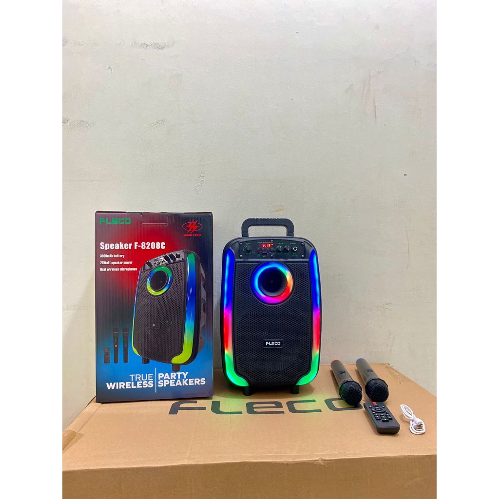 PROMO SPEAKER BLUETOOTH FLECO F-8208 A/B/C 8'5 INCH FREE 2 MIC WIRELESS KARAOKE + REMOTE + KABEL USB