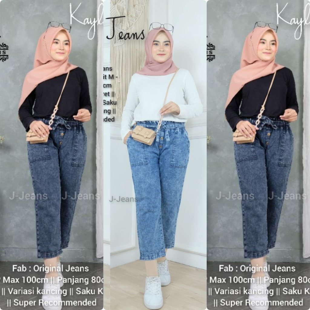 Celana Jeans Terbaru KAYLA #3 / Celana Baggy Jeans Kancing Snow High Waist dengan Tali Gesper