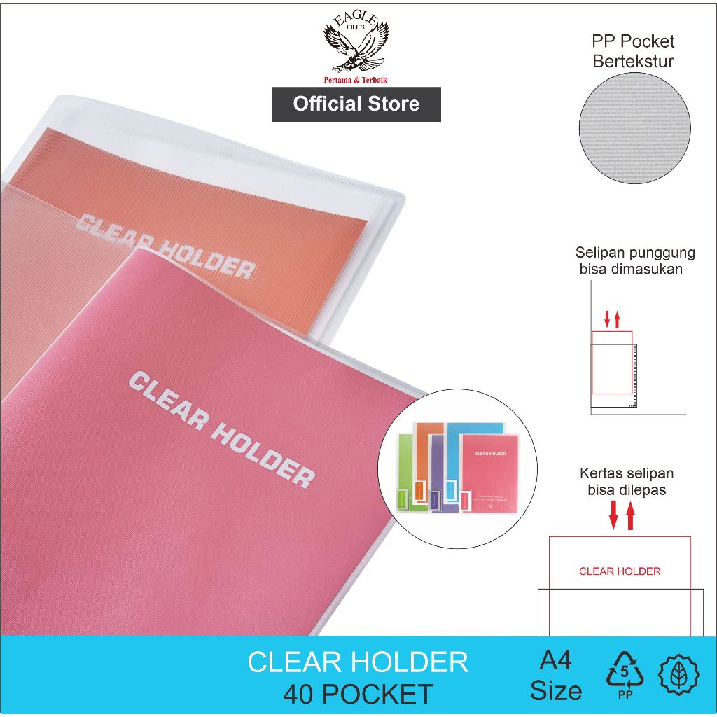 

Clear Holder / Dokumen Keeper / Display Book / Document Keeper Warna Neon EAGLE A4 40 Pocket E 328 A