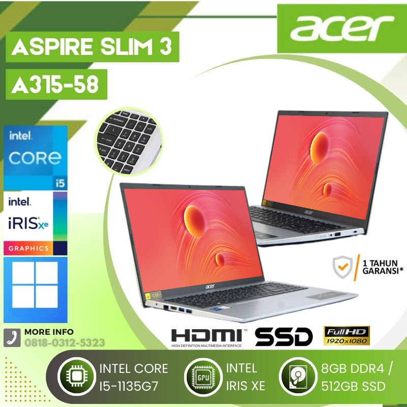 Laptop Gaming Acer Aspire A315-58-57LP Intel Core i5 1135G7 gen11 Ram 8GB SSD 512GB FHD Windows SILVER