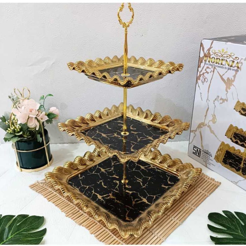 Tempat Kue Keramik Rak Susun Tingkat 3 Marble Hitam Fiorenza MH-336