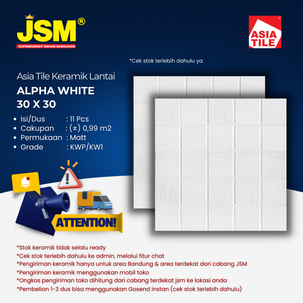 Asia Tile Keramik Lantai Alpha White Matt 30x30 - JSM Supermarket Bahan Bangunan