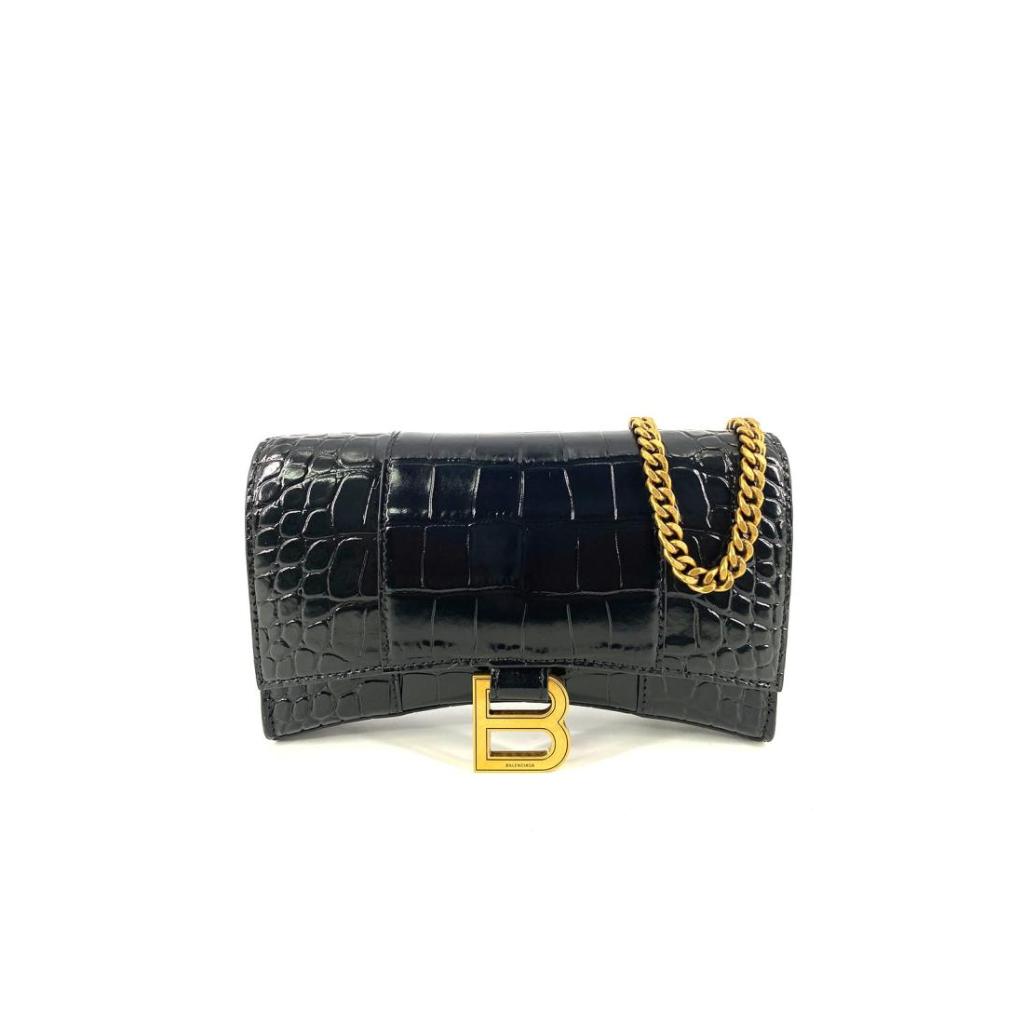 Tas Wanita Balenciaga Hourglass WOC Croco Black Crossbody Bag