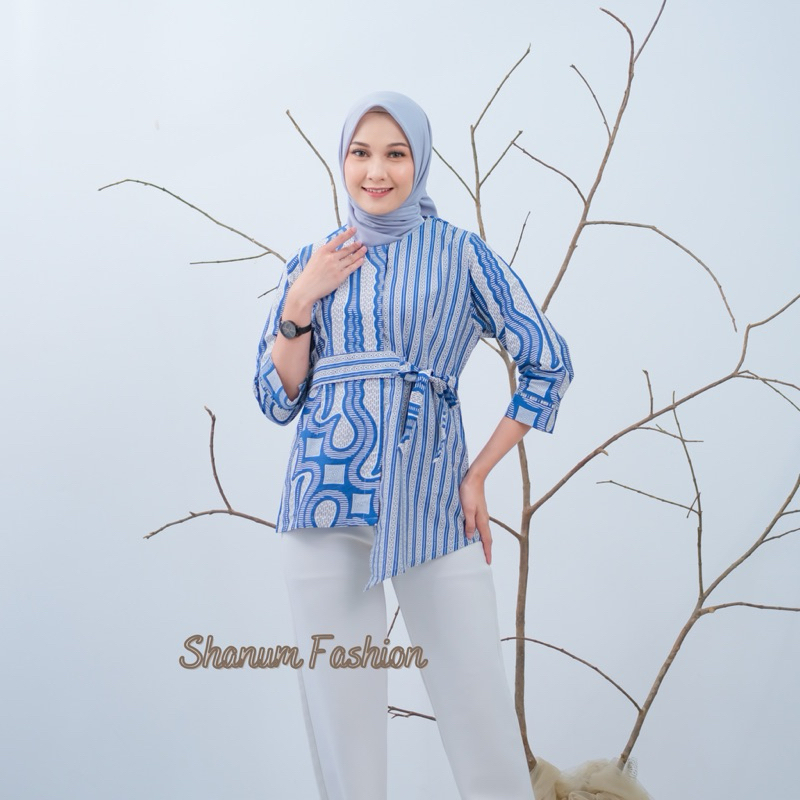 Baju Batik Wanita Lengan Panjang Motif Keris Biru Modern Monalisa Genes Blouse Bahan Katun Basic Asl