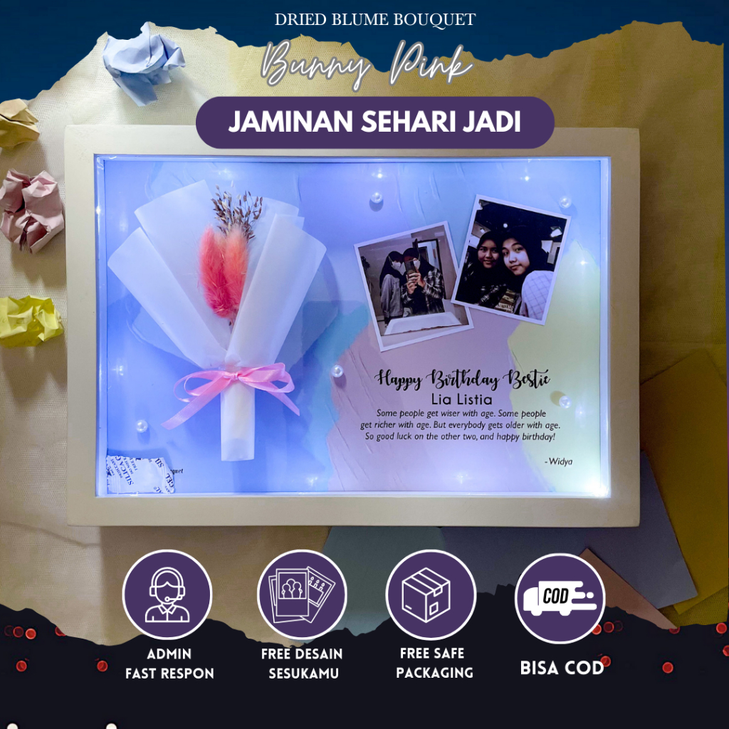 Hadiah Pernikahan Kekiniaan Ultah Wisuda Valentine Anniversary Bunny Pink Mini Bouquet in Frame Gift