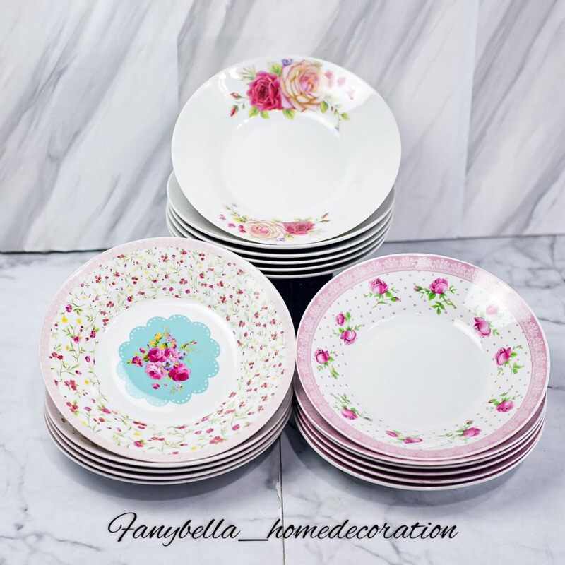 Piring Makan Keramik Cekung Shabby Chic Motif Bunga Mewah Import Prasmanan Set isi 6 Buah QUEEN ROSE