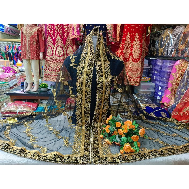 #TjM126 Dupatta Dupata Selendang Sarangan Bahan Nett Tile Hitam Black Bordir mewah Payet India Asli 